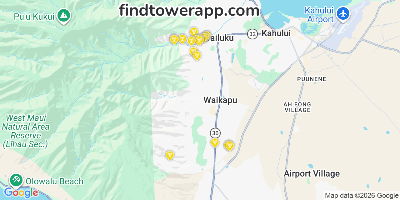 Map showing the 20 primary cell tower locations detected in Kalńāheo, Hawaii from AT&T, Verizon, and T-Mobile networks