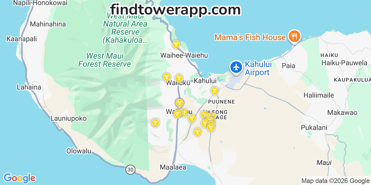 Map showing the 21 primary Verizon cell tower locations detected in Kalńāheo, Hawaii with coverage radius and signal strength indicators