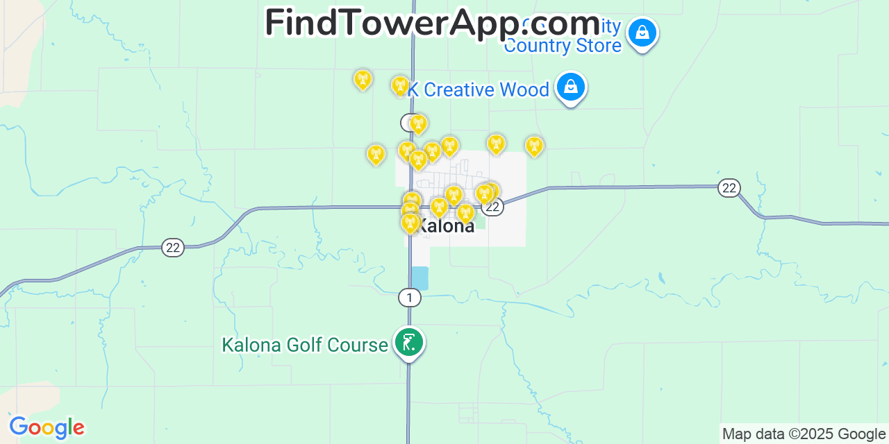 Map showing the 20 primary cell tower locations detected in Kalona, Iowa from AT&T, Verizon, and T-Mobile networks