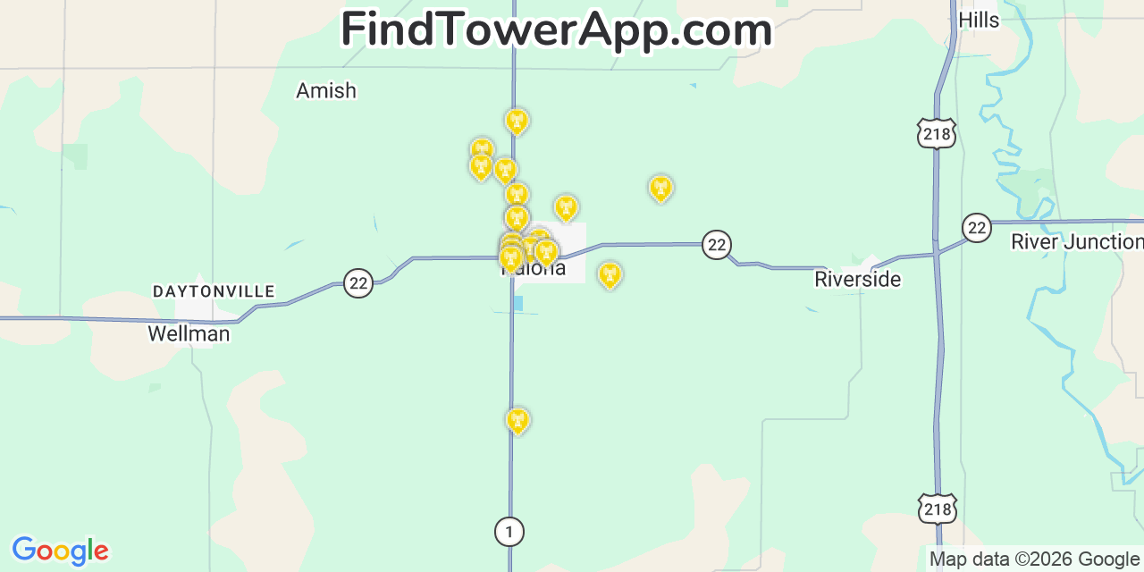 Map showing the 20 primary cell tower locations detected in Kalona, Iowa from AT&T, Verizon, and T-Mobile networks