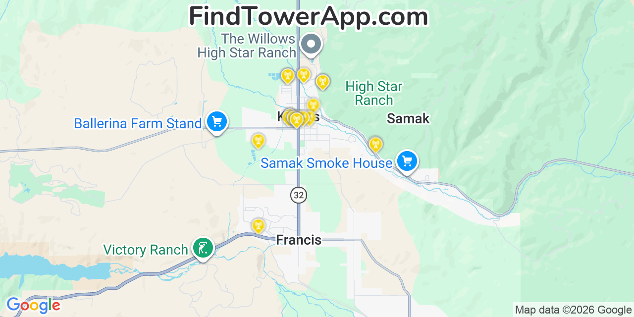 Map showing the 20 primary cell tower locations detected in Kamas, Utah from AT&T, Verizon, and T-Mobile networks