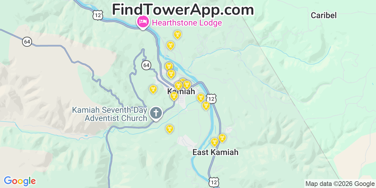 Map showing the 20 primary cell tower locations detected in Kamiah, Idaho from AT&T, Verizon, and T-Mobile networks