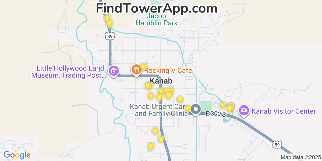 Map showing the 20 primary cell tower locations detected in Kanab, Utah from AT&T, Verizon, and T-Mobile networks