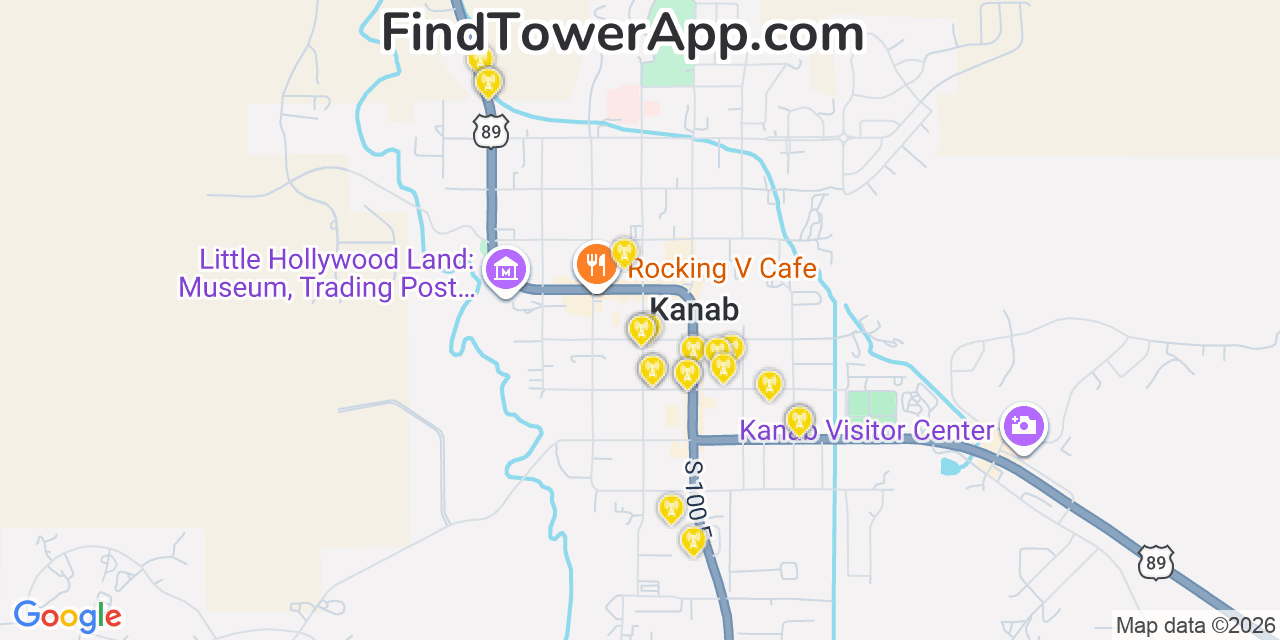 Map showing the 20 primary cell tower locations detected in Kanab, Utah from AT&T, Verizon, and T-Mobile networks