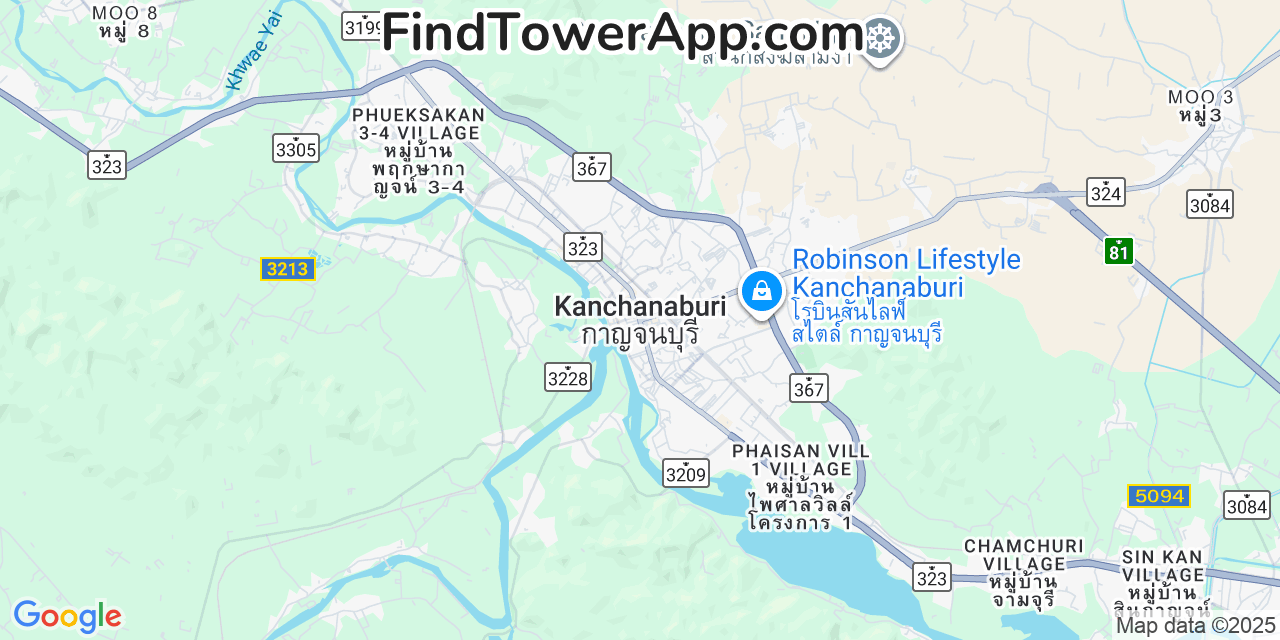 Map showing the 0 primary DTAC cell tower locations detected in Kanchanaburi, Thailand with coverage radius and signal strength indicators