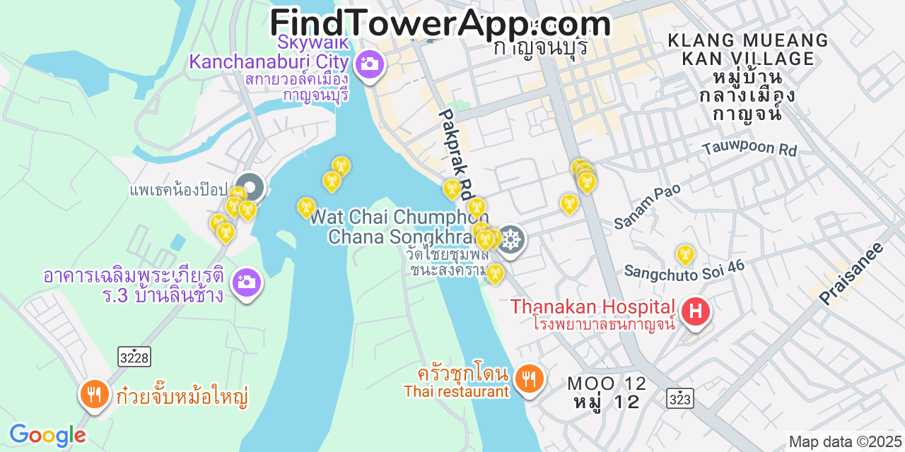 Map showing the 20 primary cell tower locations detected in Kanchanaburi, Thailand with coverage areas and signal strength