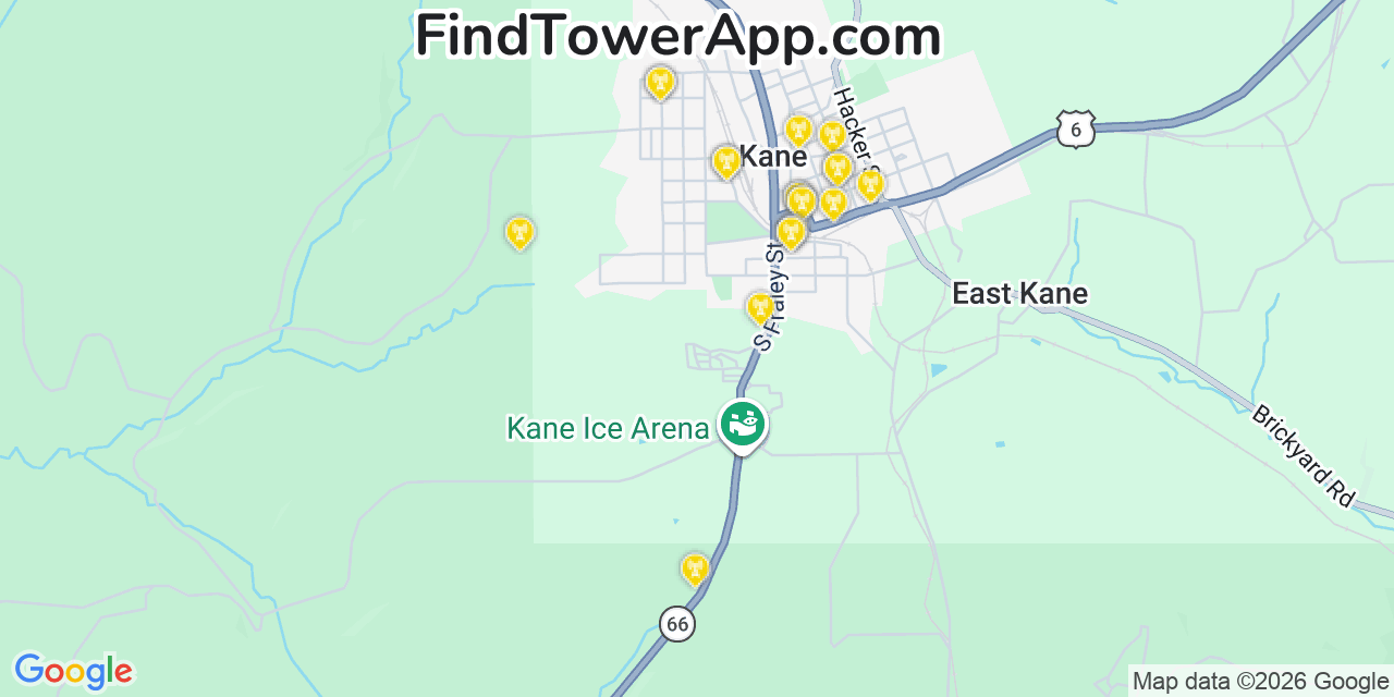 Map showing the 20 primary cell tower locations detected in Kane, Pennsylvania from AT&T, Verizon, and T-Mobile networks