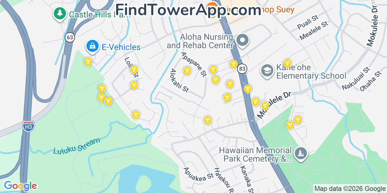 Map showing the 20 primary cell tower locations detected in Kaneohe, Hawaii from AT&T, Verizon, and T-Mobile networks