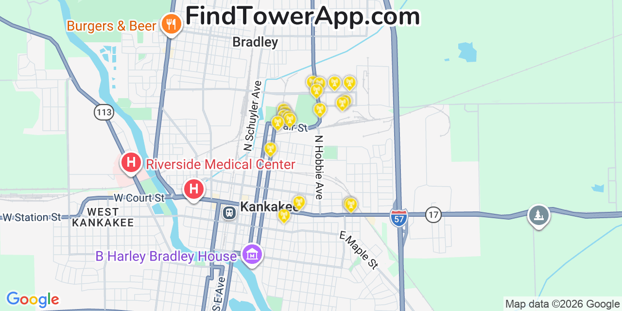 Map showing the 20 primary cell tower locations detected in Kankakee, Illinois from AT&T, Verizon, and T-Mobile networks