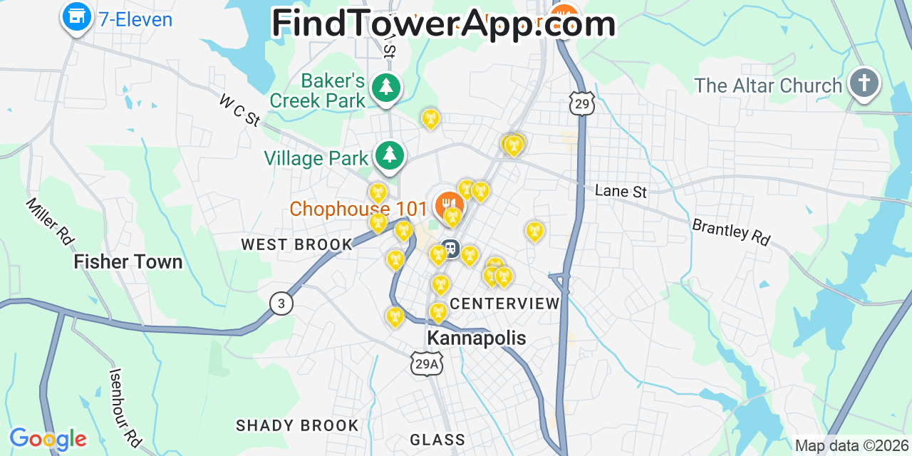 Map showing the 20 primary cell tower locations detected in Kannapolis, North Carolina from AT&T, Verizon, and T-Mobile networks