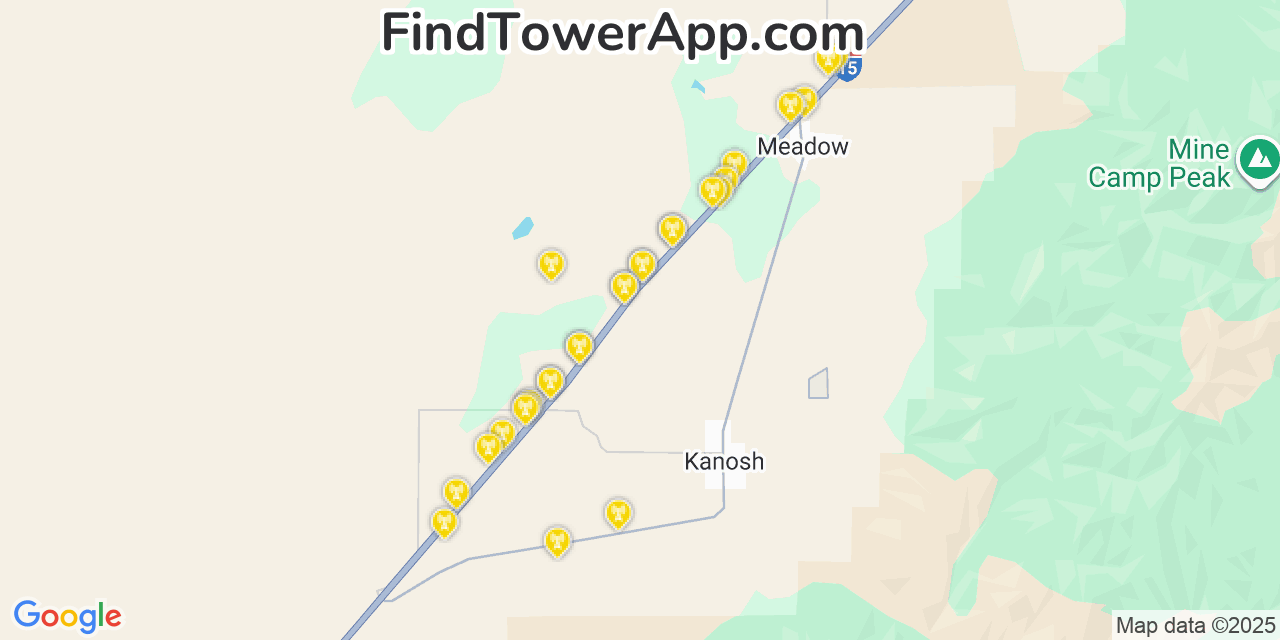 Map showing the 28 primary AT&T cell tower locations detected in Kanosh, Utah with coverage radius and signal strength indicators