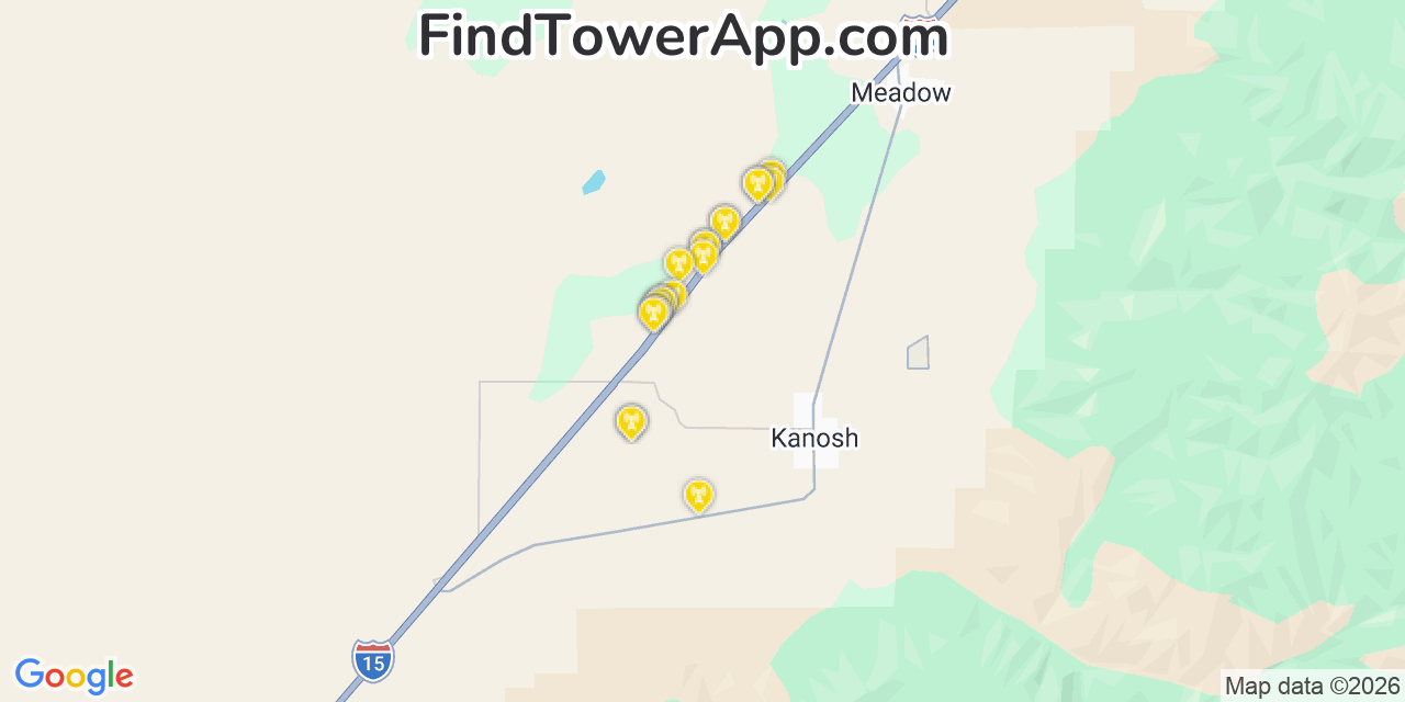 Map showing the 20 primary cell tower locations detected in Kanosh, Utah from AT&T, Verizon, and T-Mobile networks