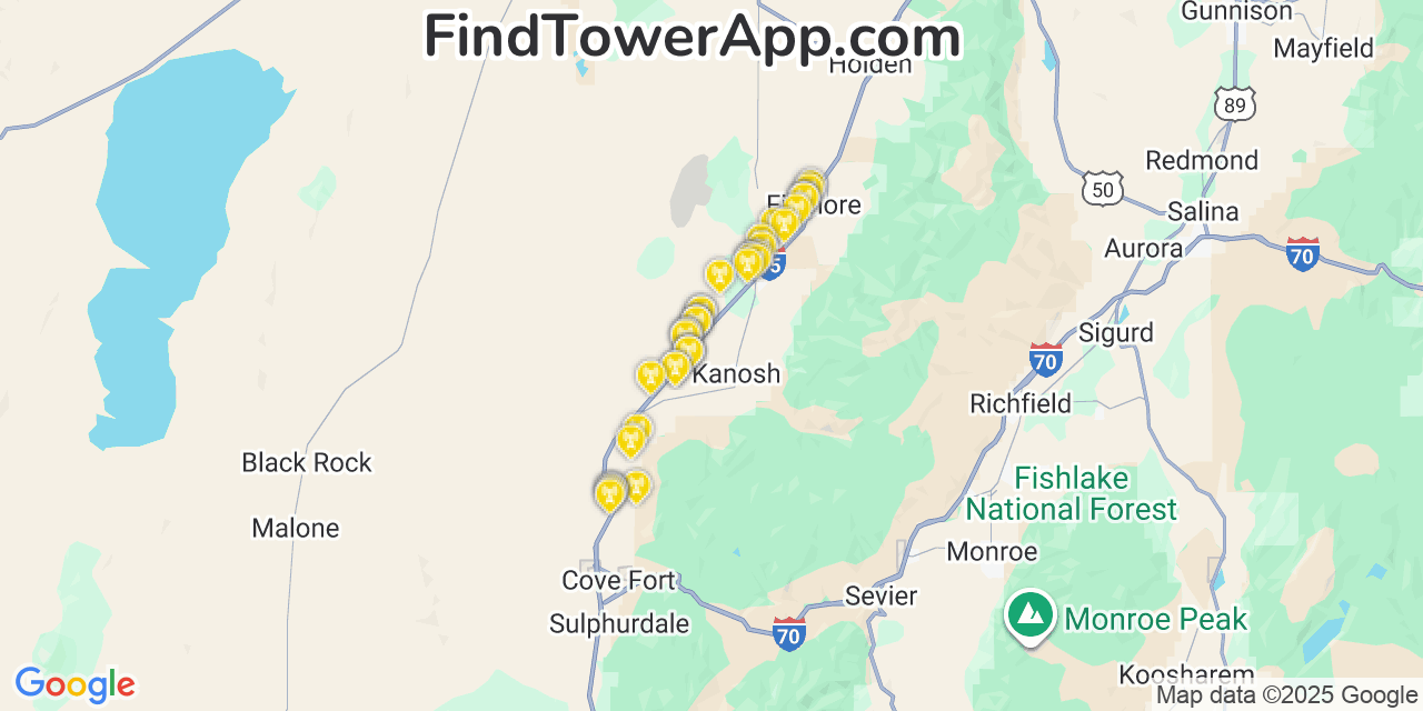 Map showing the 38 primary T-Mobile cell tower locations detected in Kanosh, Utah with coverage radius and signal strength indicators