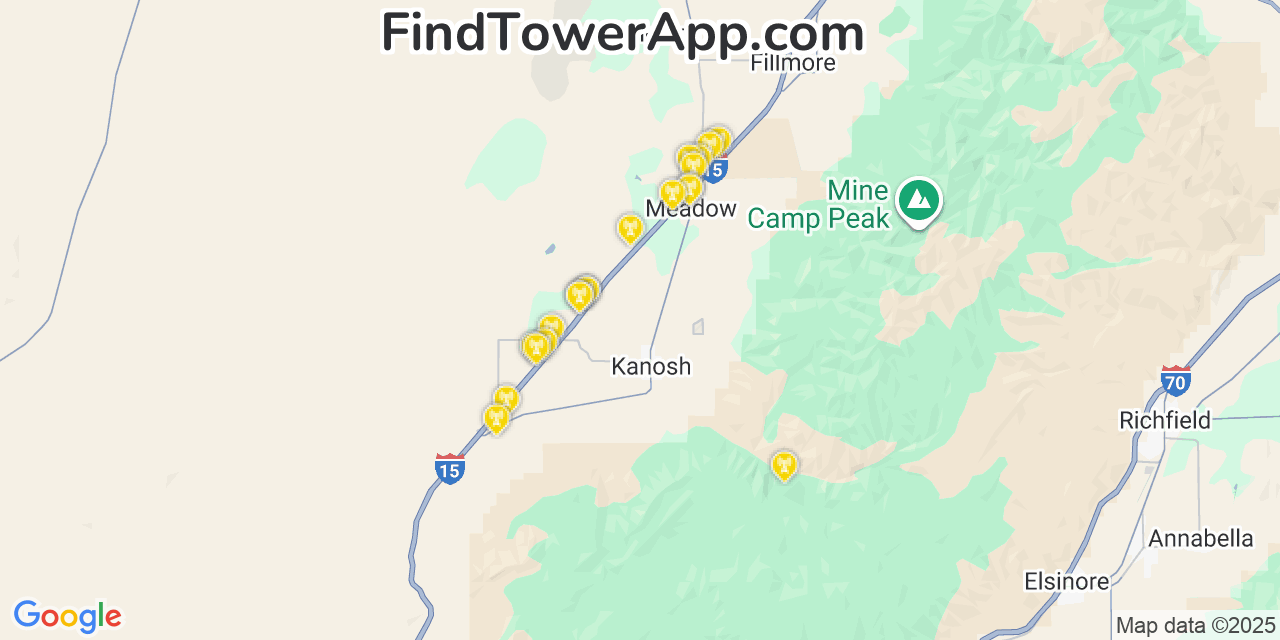 Map showing the 20 primary Verizon cell tower locations detected in Kanosh, Utah with coverage radius and signal strength indicators