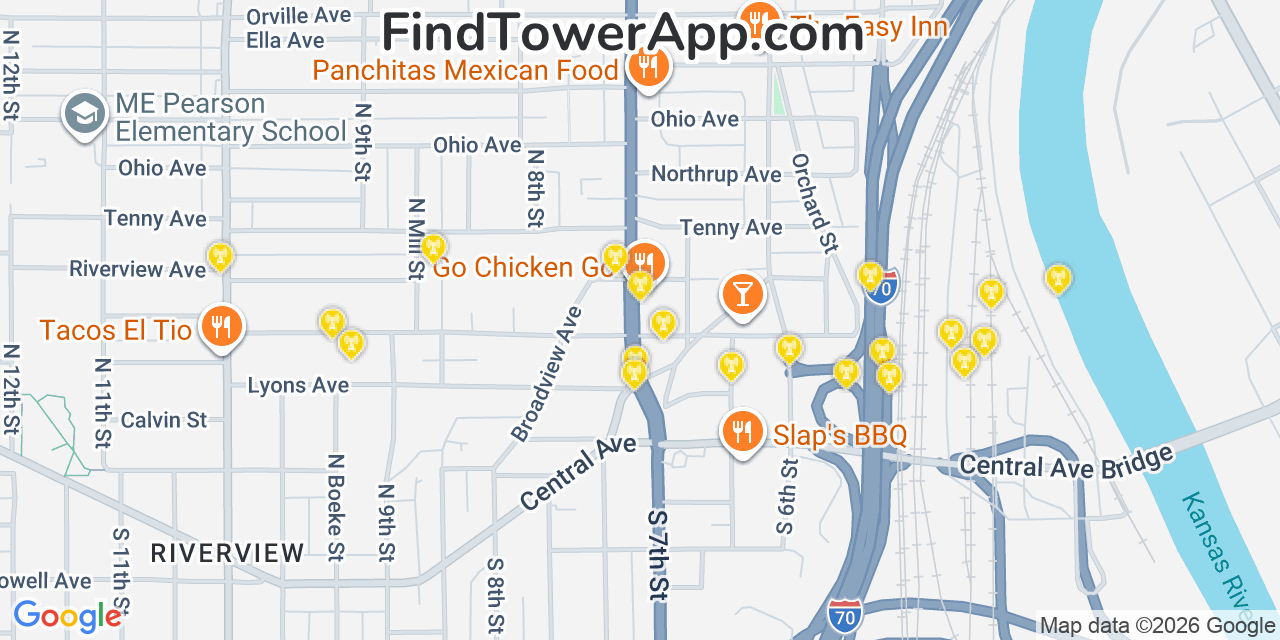 Map showing the 20 primary cell tower locations detected in Kansas City, Kansas from AT&T, Verizon, and T-Mobile networks