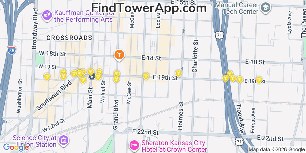 Map showing the 20 primary cell tower locations detected in Kansas City, Missouri from AT&T, Verizon, and T-Mobile networks