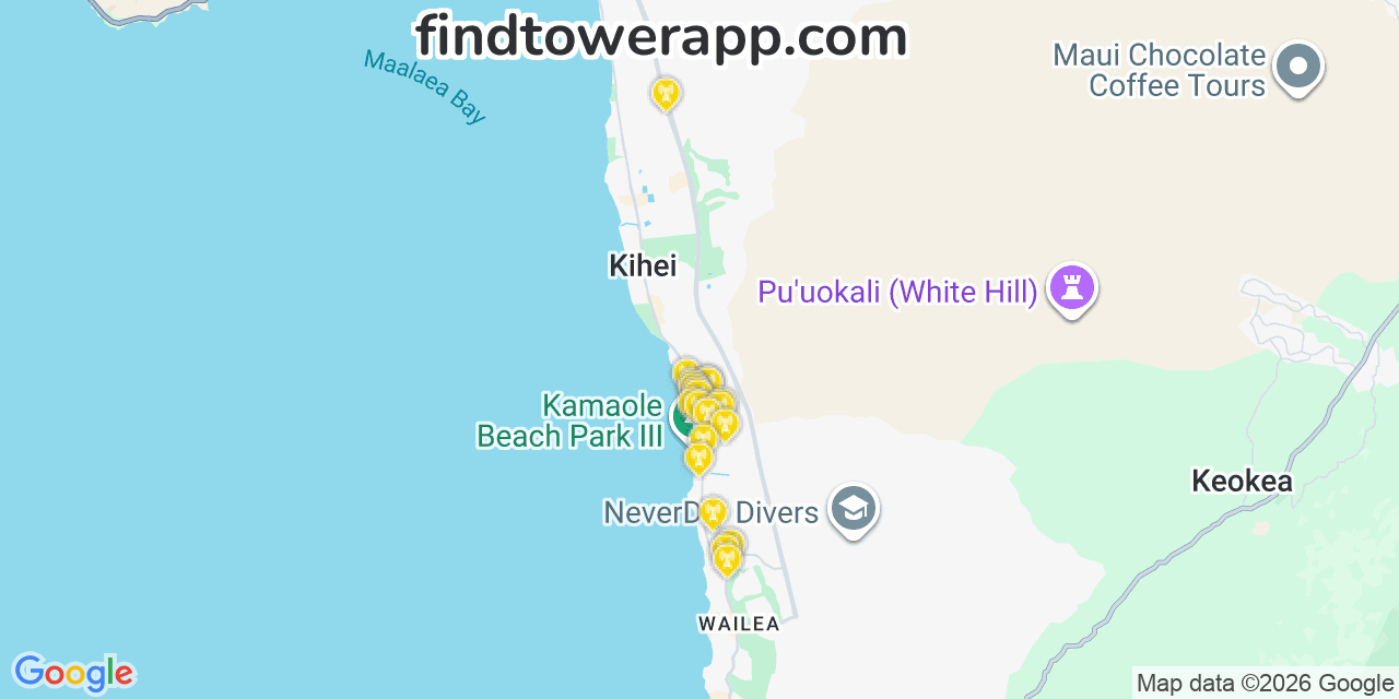 Map showing the 20 primary AT&T cell tower locations detected in Kaпҝҫaпҝҫawa, Hawaii with coverage radius and signal strength indicators