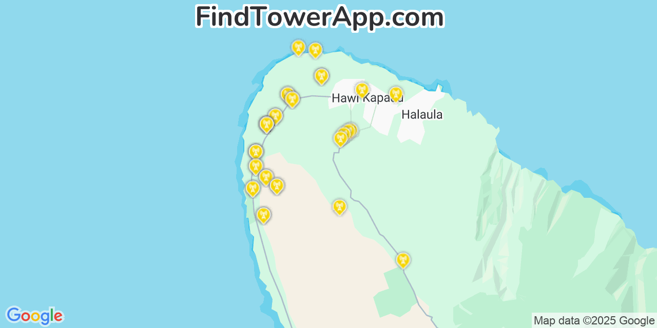 Map showing the 35 primary AT&T cell tower locations detected in Kapa‘a, Hawaii with coverage radius and signal strength indicators