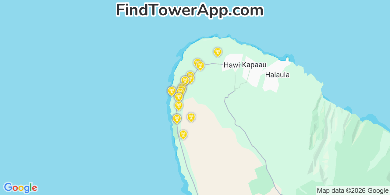Map showing the 20 primary cell tower locations detected in Kapa‘a, Hawaii from AT&T, Verizon, and T-Mobile networks