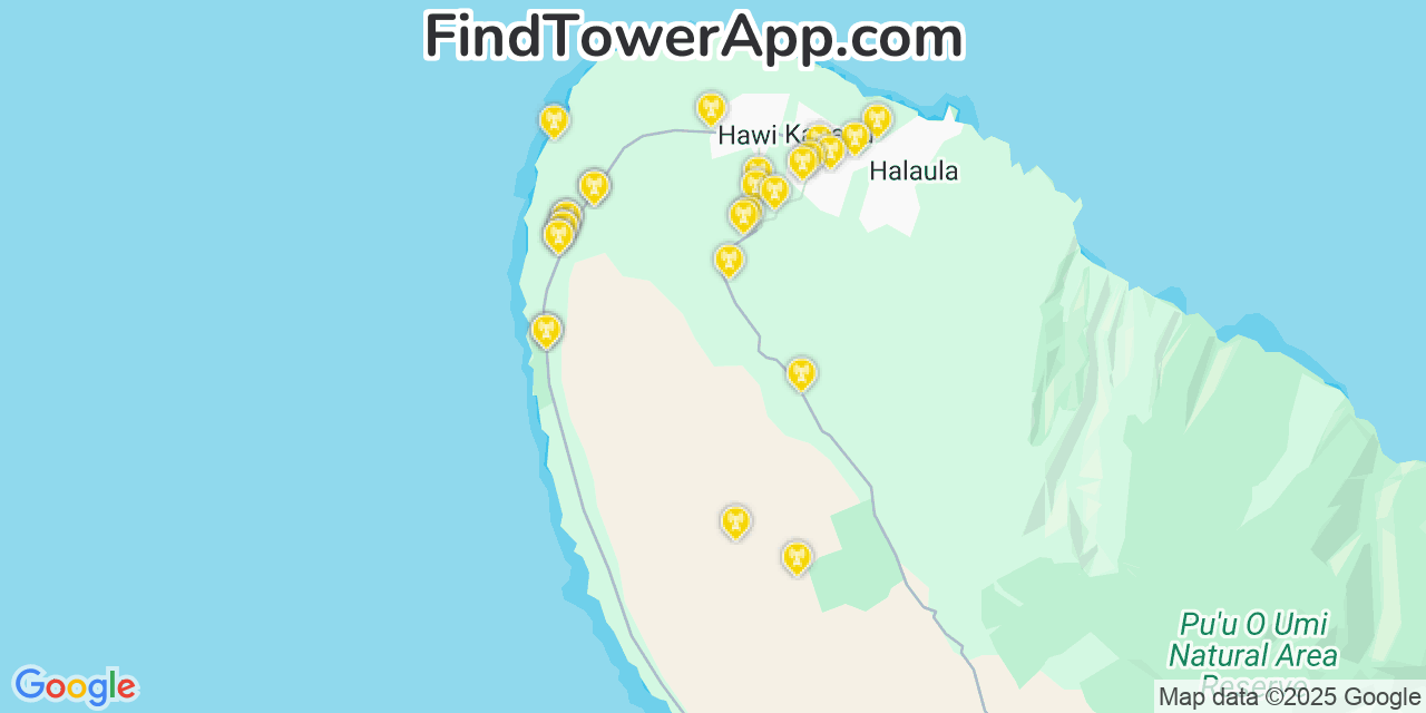 Map showing the 27 primary T-Mobile cell tower locations detected in Kapa‘a, Hawaii with coverage radius and signal strength indicators