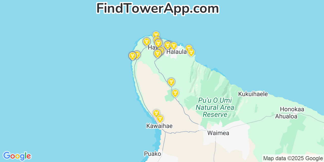Map showing the 39 primary Verizon cell tower locations detected in Kapa‘a, Hawaii with coverage radius and signal strength indicators