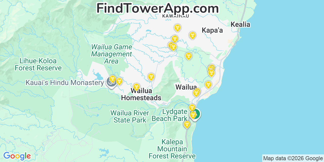 Map showing the 20 primary cell tower locations detected in Kapaa, Hawaii from AT&T, Verizon, and T-Mobile networks