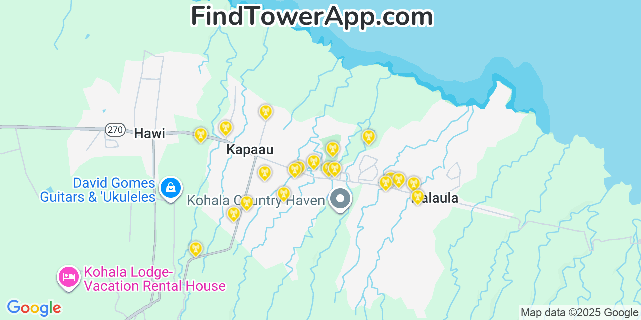 Map showing the 20 primary cell tower locations detected in Kapaau, Hawaii from AT&T, Verizon, and T-Mobile networks
