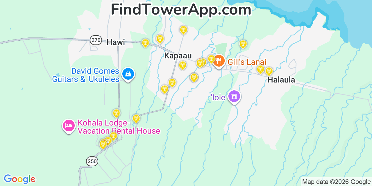 Map showing the 20 primary cell tower locations detected in Kapaau, Hawaii from AT&T, Verizon, and T-Mobile networks