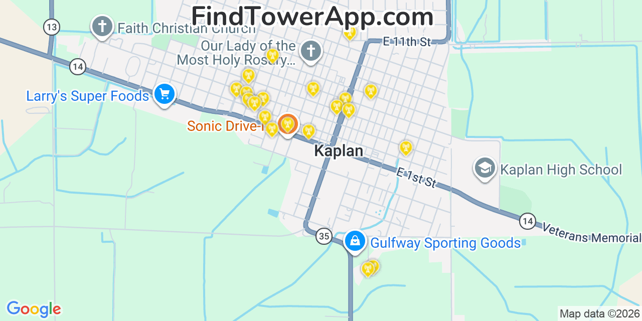 Map showing the 20 primary cell tower locations detected in Kaplan, Louisiana from AT&T, Verizon, and T-Mobile networks