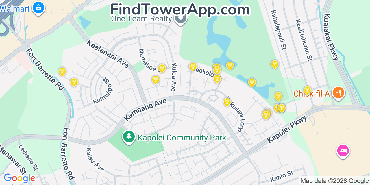 Map showing the 20 primary cell tower locations detected in Kapolei, Hawaii from AT&T, Verizon, and T-Mobile networks