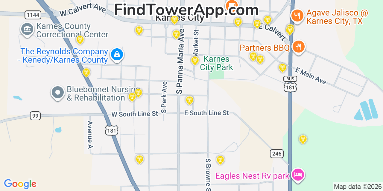 Map showing the 20 primary cell tower locations detected in Karnes City, Texas from AT&T, Verizon, and T-Mobile networks