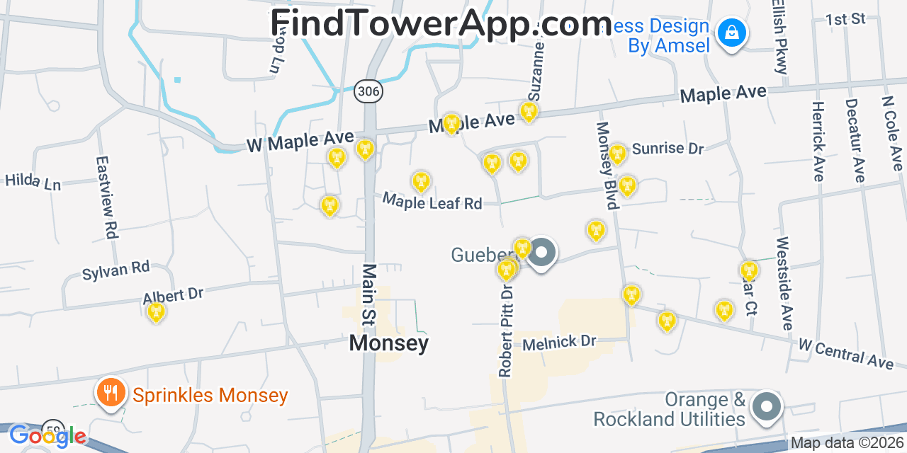 Map showing the 20 primary cell tower locations detected in Kaser, New York from AT&T, Verizon, and T-Mobile networks