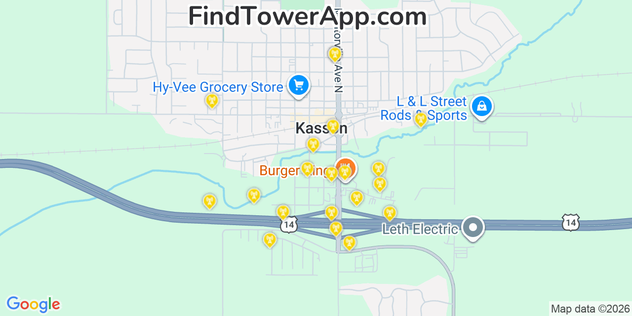 Map showing the 20 primary cell tower locations detected in Kasson, Minnesota from AT&T, Verizon, and T-Mobile networks
