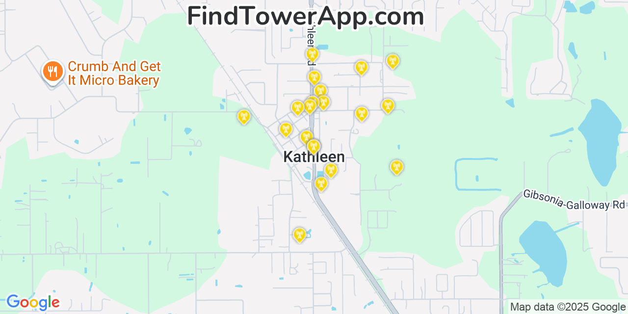 Map showing the 20 primary cell tower locations detected in Kathleen, Florida from AT&T, Verizon, and T-Mobile networks