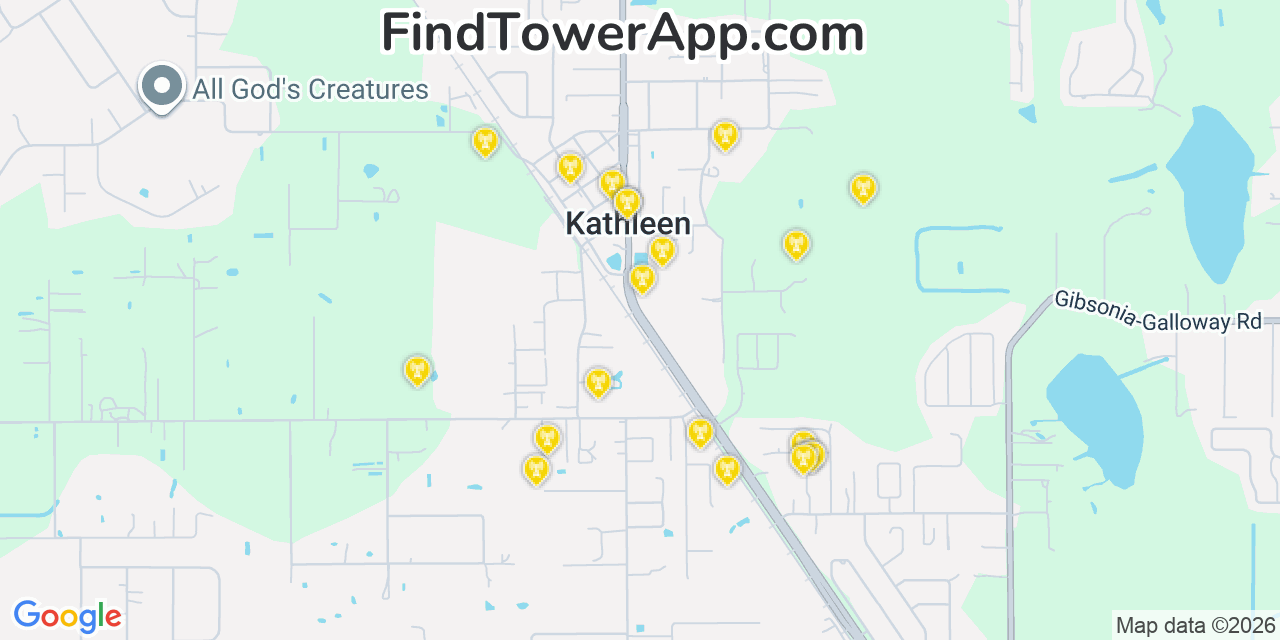 Map showing the 20 primary cell tower locations detected in Kathleen, Florida from AT&T, Verizon, and T-Mobile networks