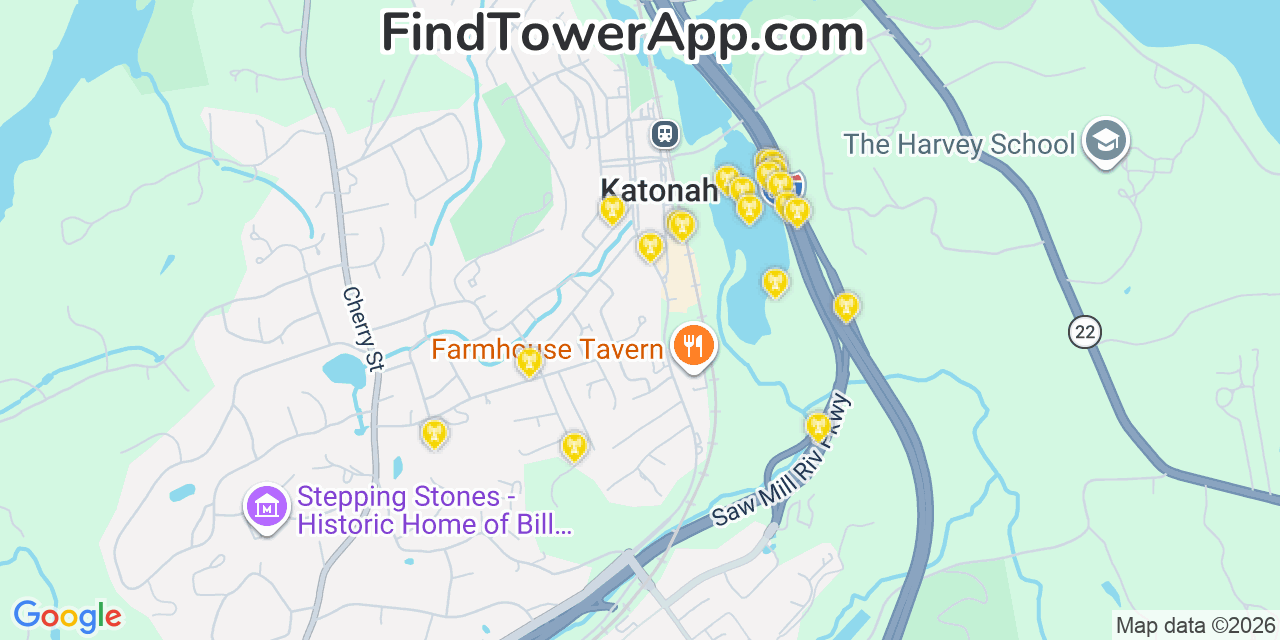 Map showing the 20 primary cell tower locations detected in Katonah, New York from AT&T, Verizon, and T-Mobile networks