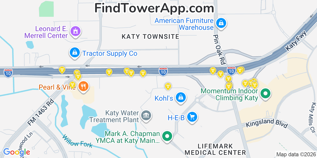 Map showing the 20 primary cell tower locations detected in Katy, Texas from AT&T, Verizon, and T-Mobile networks