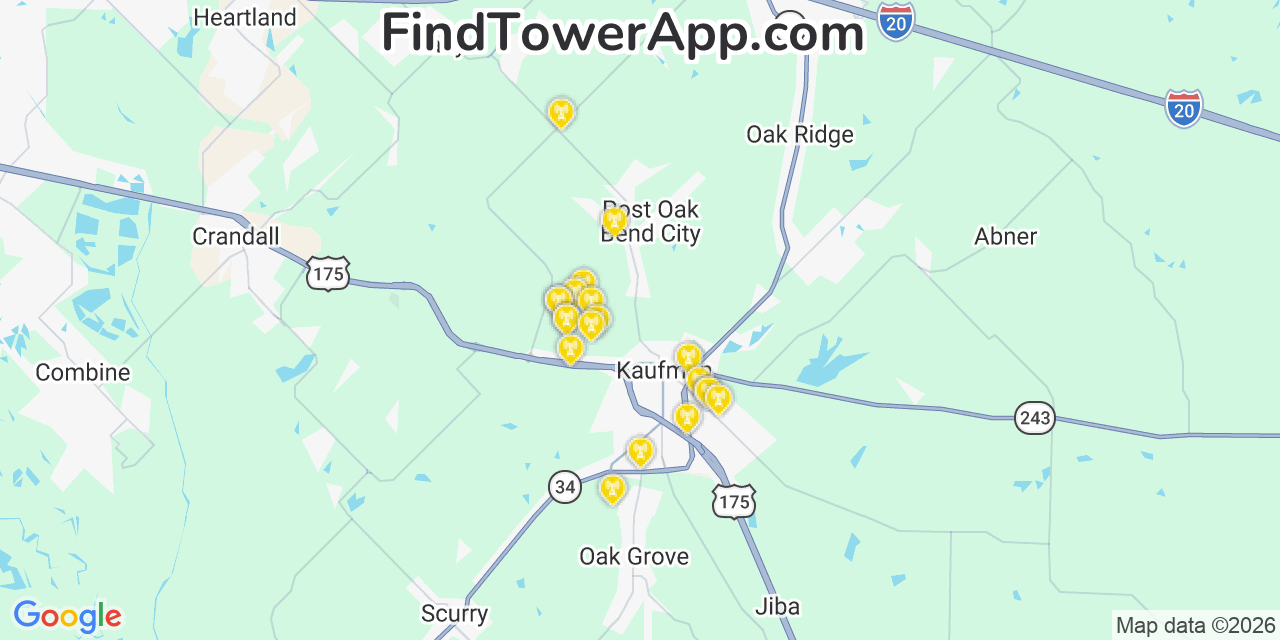 Map showing the 20 primary cell tower locations detected in Kaufman, Texas from AT&T, Verizon, and T-Mobile networks