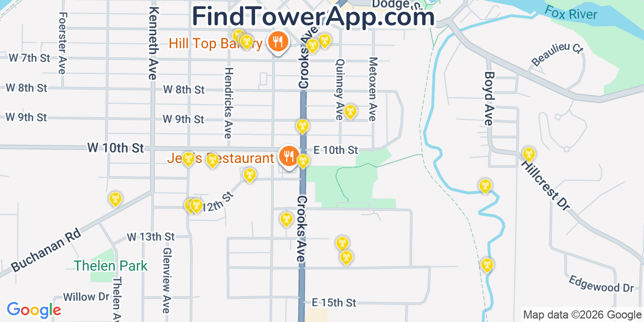 Map showing the 20 primary cell tower locations detected in Kaukauna, Wisconsin from AT&T, Verizon, and T-Mobile networks