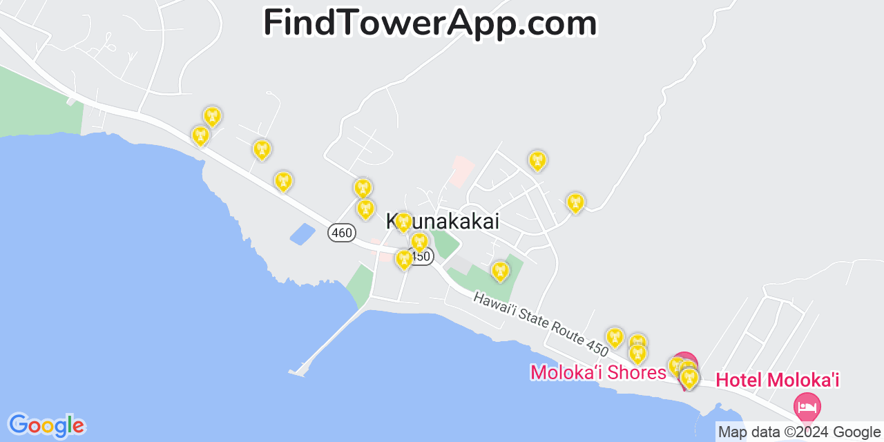 AT&T 4G/5G cell tower coverage map Kaunakakai, Hawaii