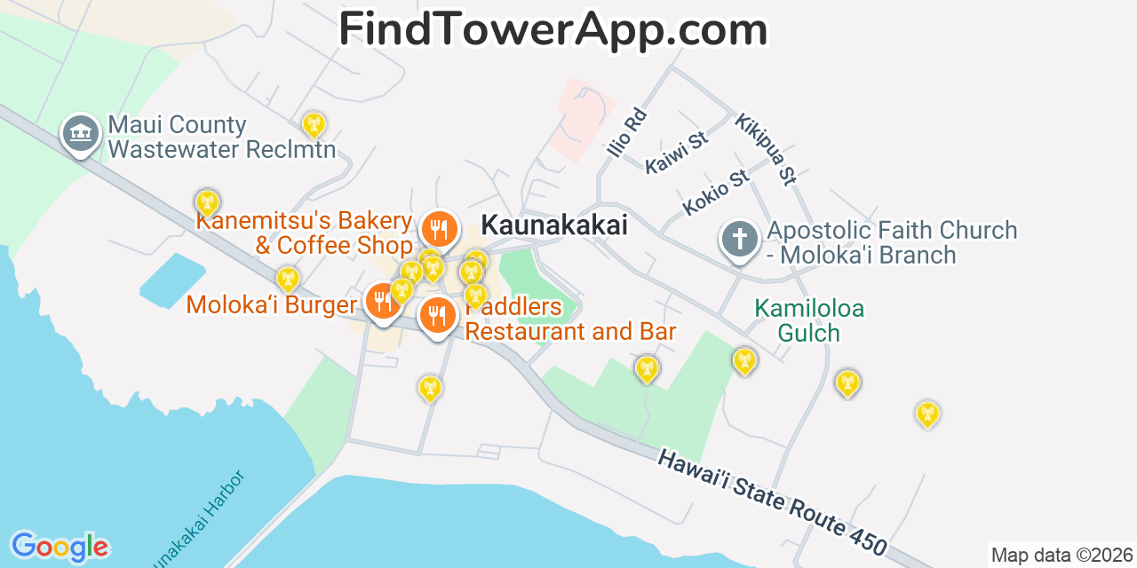 Map showing the 20 primary cell tower locations detected in Kaunakakai, Hawaii from AT&T, Verizon, and T-Mobile networks