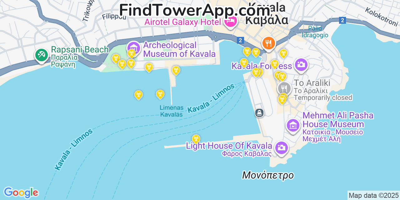 Map showing the 20 primary cell tower locations detected in Kavala, Greece with coverage areas and signal strength