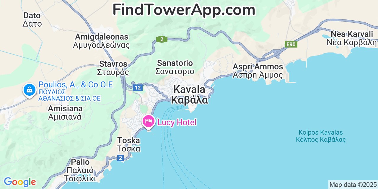 Map showing the 0 primary Vodafone cell tower locations detected in Kavala, Greece with coverage radius and signal strength indicators