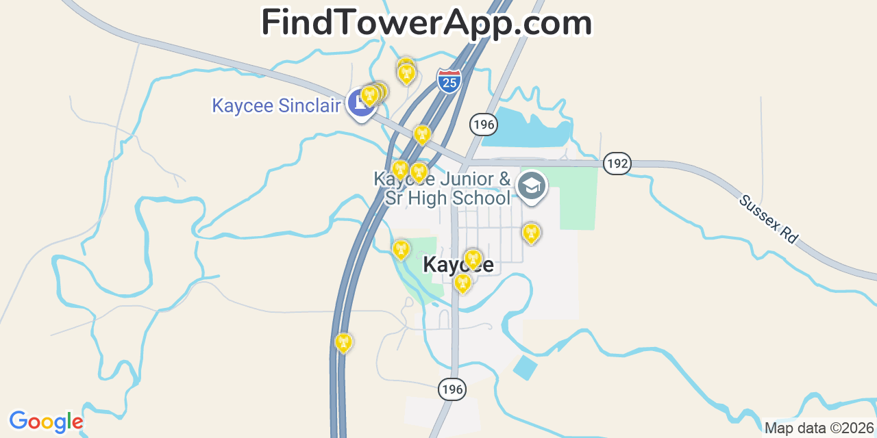 Map showing the 20 primary cell tower locations detected in Kaycee, Wyoming from AT&T, Verizon, and T-Mobile networks
