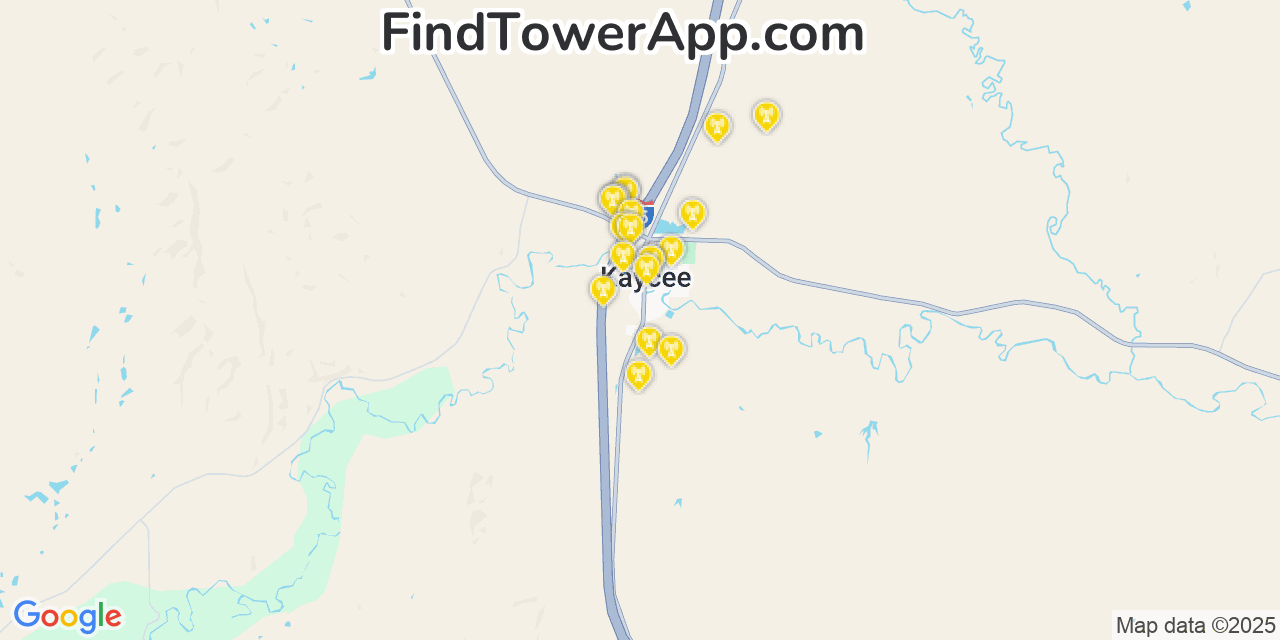 Map showing the 20 primary Verizon cell tower locations detected in Kaycee, Wyoming with coverage radius and signal strength indicators