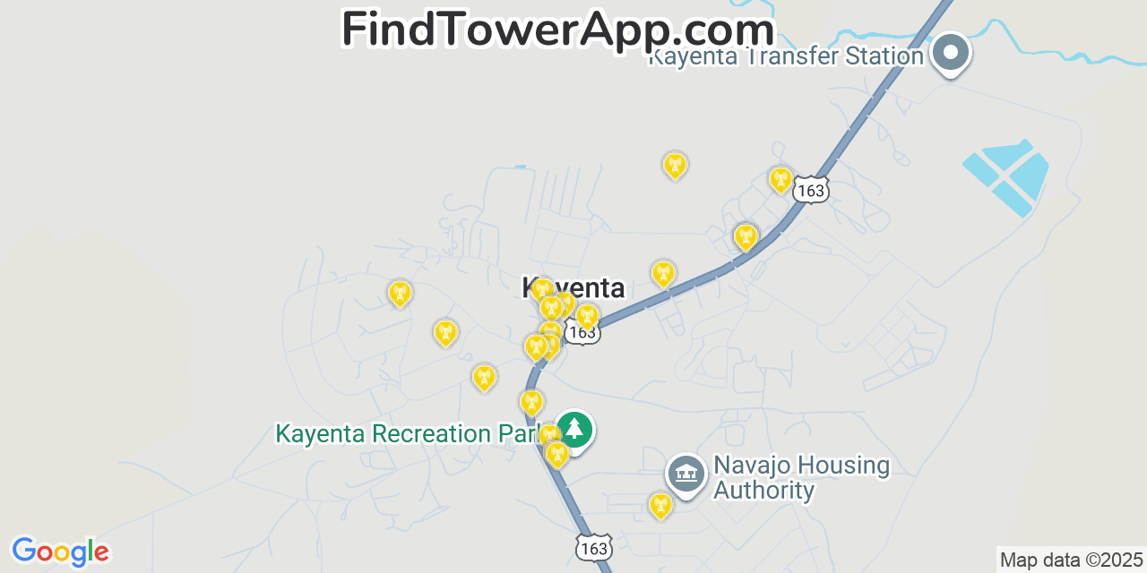 Map showing the 20 primary cell tower locations detected in Kayenta, Arizona from AT&T, Verizon, and T-Mobile networks