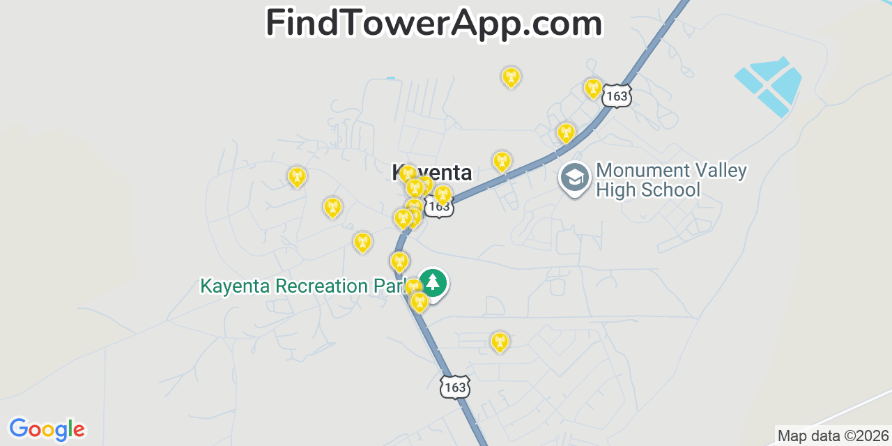 Map showing the 20 primary cell tower locations detected in Kayenta, Arizona from AT&T, Verizon, and T-Mobile networks