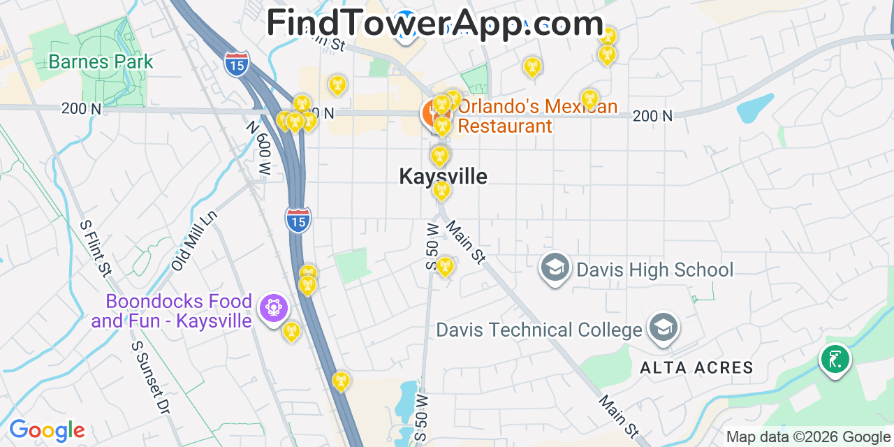 Map showing the 20 primary cell tower locations detected in Kaysville, Utah from AT&T, Verizon, and T-Mobile networks