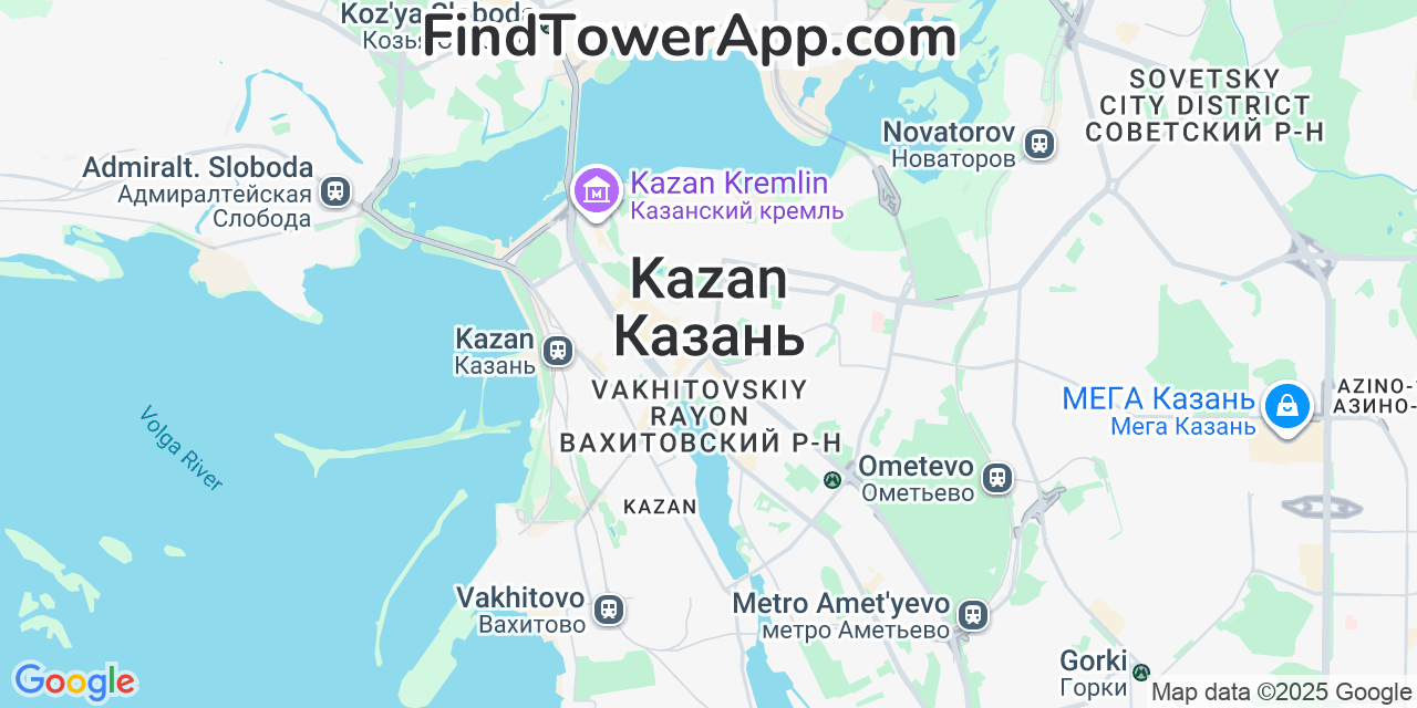Map showing the 0 primary MTS cell tower locations detected in Kazan, Russia with coverage radius and signal strength indicators