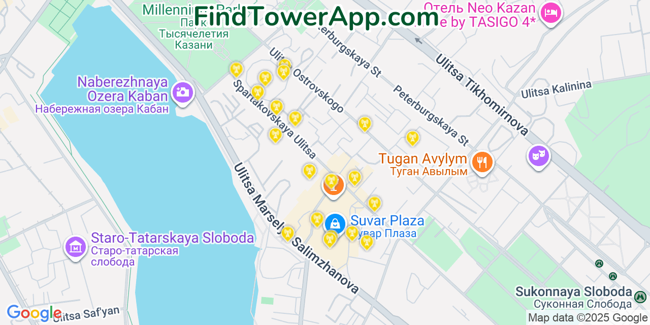 Map showing the 20 primary cell tower locations detected in Kazan, Russia with coverage areas and signal strength